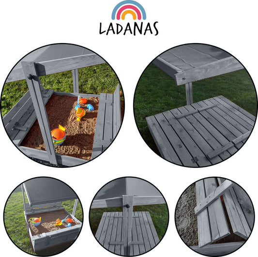 Afsluitbare XL Zandbak in Grijs met Dak en Banken 140x140 cm
