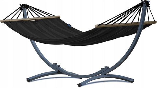 Hangmat 1 persoons met standaard, hangmatsets: een zwarte hangmat met spreidstok en een 1 persoons frame, ideaal voor ontspannen.