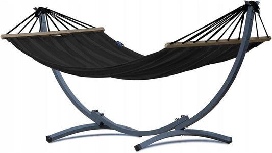 Hangmat 1 persoons met standaard, hangmatsets: een zwarte hangmat met spreidstok en een 1 persoons frame, ideaal voor ontspannen.