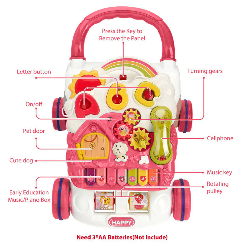 2-in-1 Babywalker – Loopstoel baby en Speelbord voor Eerste Stapjes - Roze