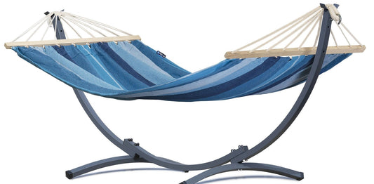 Hangmat 1 persoons met standaard, hangmatsets: een blauw hangmat met spreidstok en een 1 persoons frame, ideaal voor ontspannen.