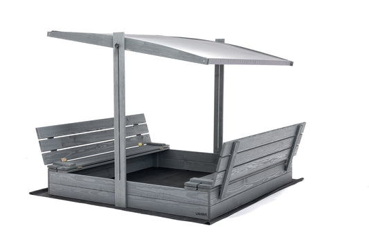 Afsluitbare XL Zandbak in Grijs met Dak en Banken 140x140 cm