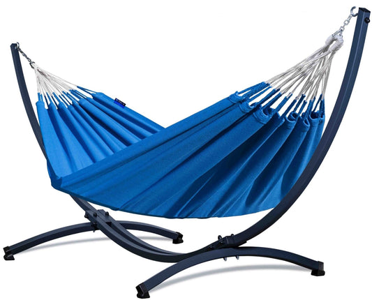 "Hangmatset Medelin blauw met grafiet metalen frame."