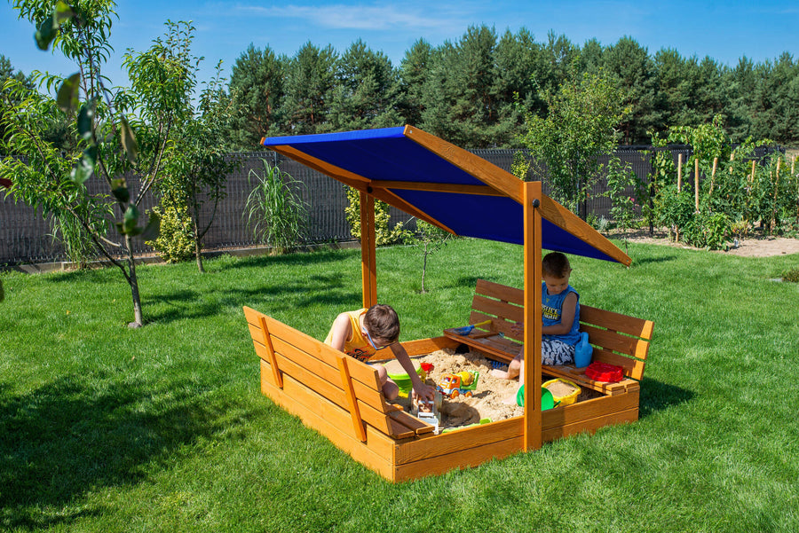 Afsluitbare Zandbak met Dak en Banken 120x120 cm | Blauw