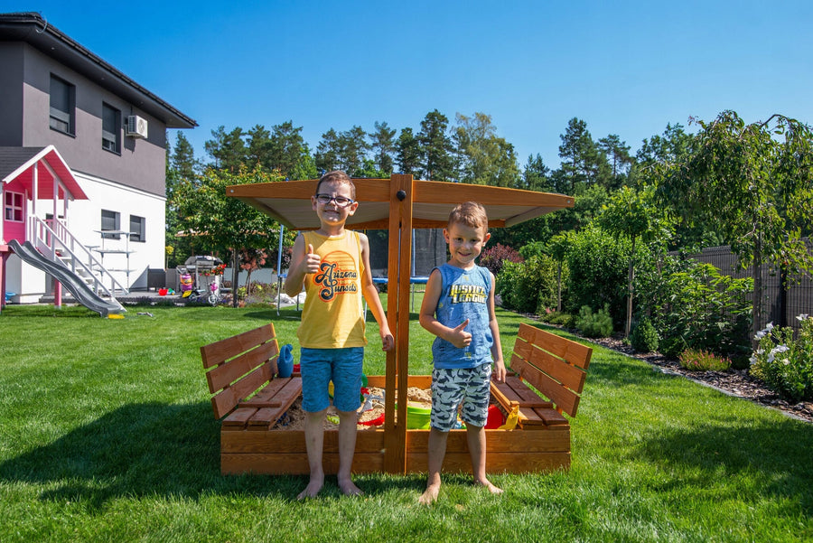 Afsluitbare XL Zandbak met Dak en Banken 140x140 cm | Grijs