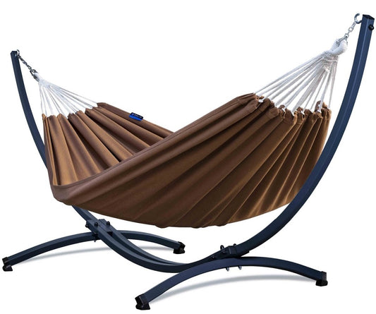 Hangmat 2 persoons met standaard, hangmatsets: een caramel hangmat en een 2 persoons frame, ideaal voor ontspannen.