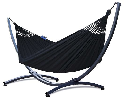 Hangmat 2 persoons met standaard, hangmatsets: een zwarte hangmat en een 2 persoons frame, ideaal voor ontspannen.
