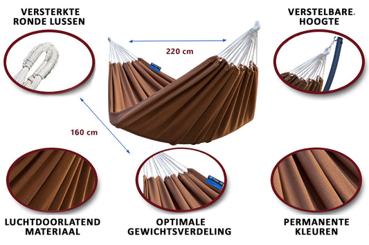 "Luxe 2-persoons hangmat in caramelkleur, voor ultieme ontspanning."