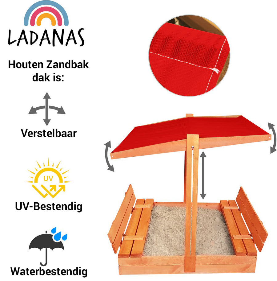 Houten zandbak met bank en rood dakje. Dak is verstelbaar, UV-bestendig en waterbestendig voor veilige speeltijd.