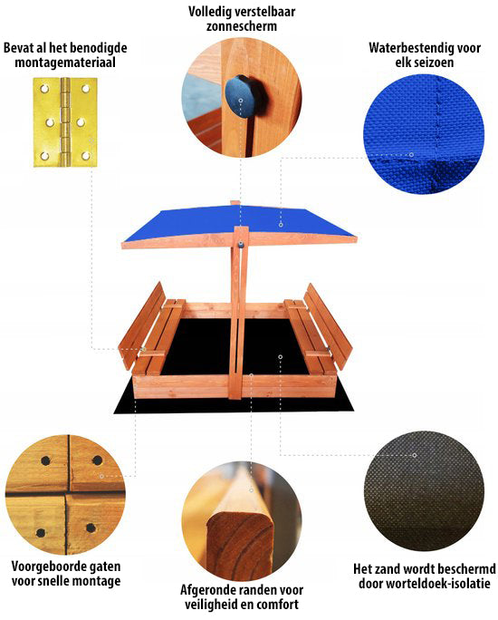 "Houten zandbak met deksel en bank, met blauw dakje. inclusief bevestigingsmateriaal, voorgeboorde gaten en afgeronde randen."