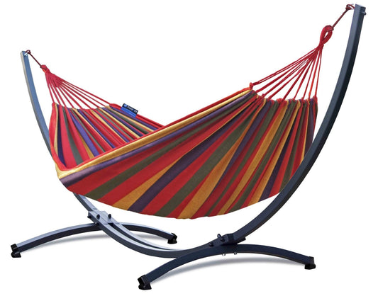 Hangmat 2 persoons met standaard, hangmatsets: een rode hangmat en een 2 persoons frame, ideaal voor ontspannen.