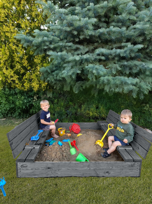 Afsluitbare zandbak XL met banken 140x140cm | Grijs