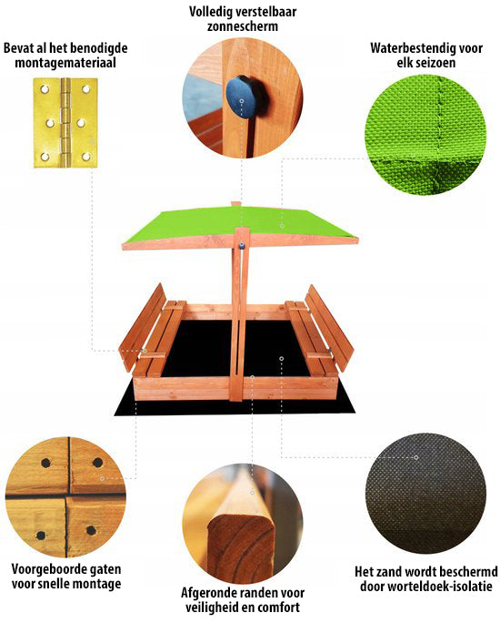 Afsluitbare Zandbak met Dak en Banken 120x120 cm | Groen