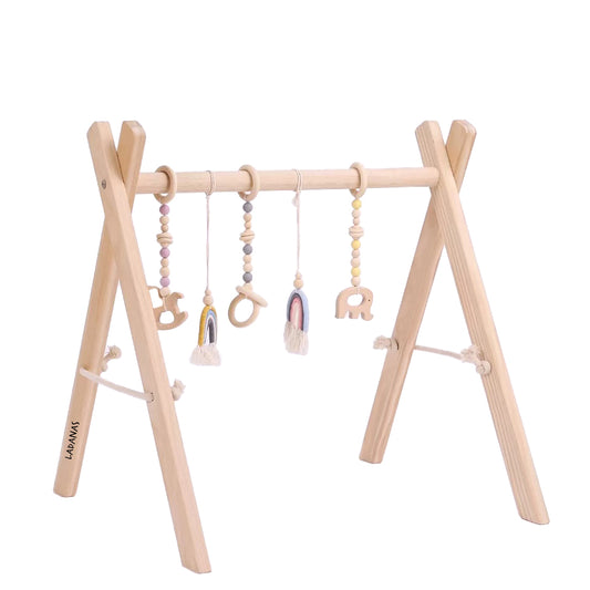 Houten babygym met 6 speeltjes, prachtig design voor uren speelplezier.