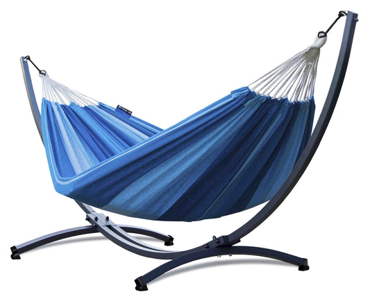 Hangmat 2 persoons met standaard, hangmatsets: een blauw hangmat en een 2 persoons frame, ideaal voor ontspannen.
