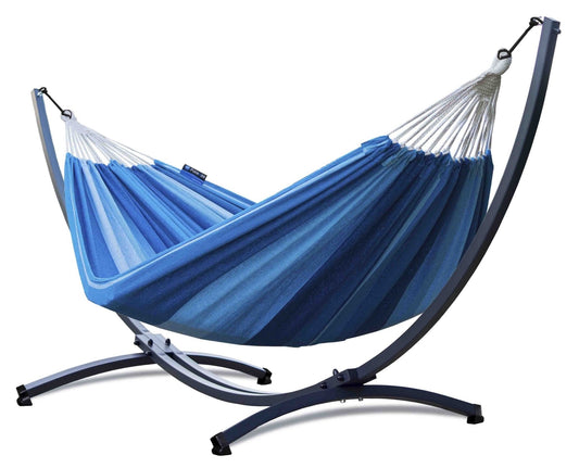 Hangmat 2 persoons met standaard, hangmatsets: een blauw hangmat en een 2 persoons frame, ideaal voor ontspannen.