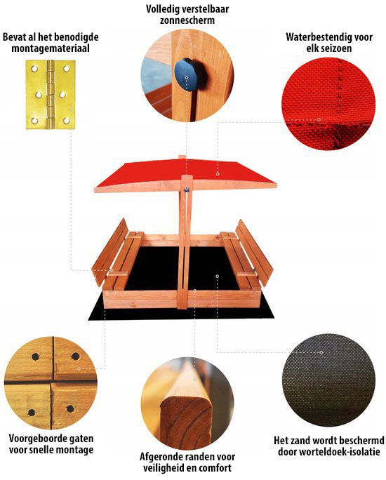 "Houten zandbak met deksel en bank, inclusief bevestigingsmateriaal, voorgeboorde gaten en afgeronde randen."