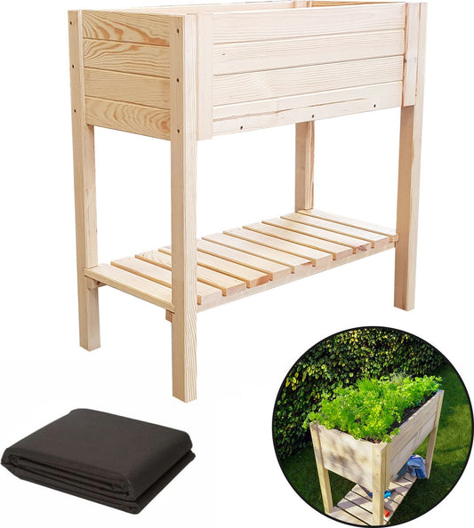 Moestuinbak op poten met kweekbak planten en zaaibak, afgewerkt met transparante lak en voorzien van grond doek.