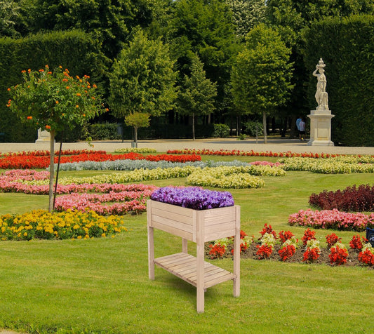 Moestuinbak op poten met kweekbak planten en zaaibak, afgewerkt met transparante lak en voorzien van grond doek.