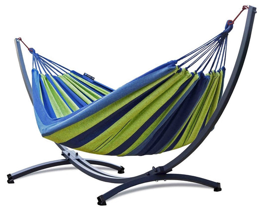 Hangmat 2 persoons met standaard, hangmatsets: een groene hangmat en een 2 persoons frame, ideaal voor ontspannen.