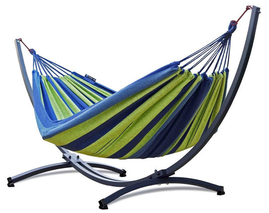 Hangmat 2 persoons met standaard, hangmatsets: een groene hangmat en een 2 persoons frame, ideaal voor ontspannen.