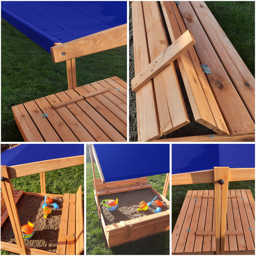 "Houten zandbak met bank en blauw dakje, 140x140, perfecte maat voor uren speelplezier."