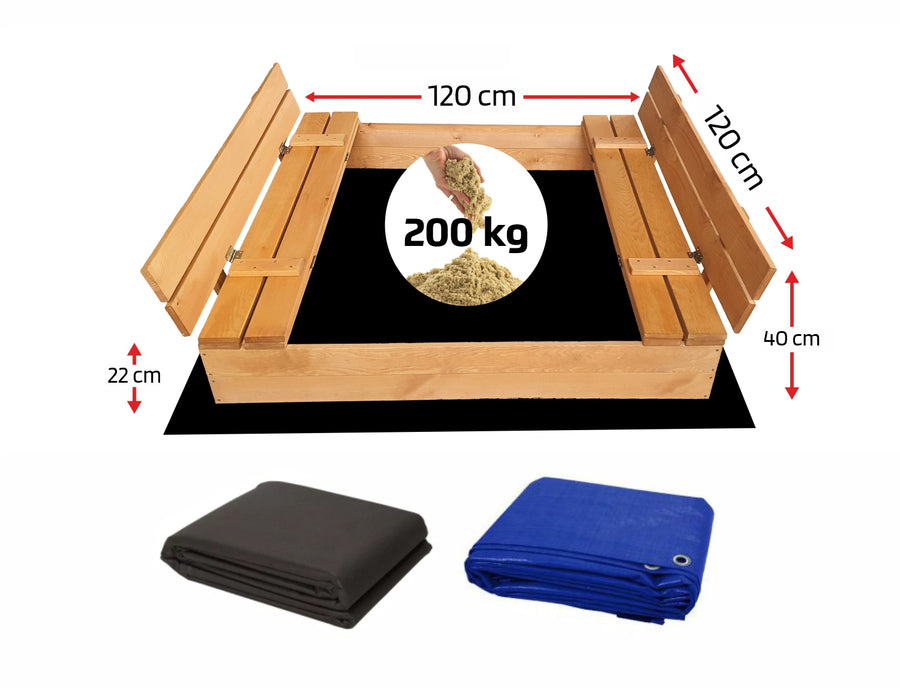 Houten zandbak met bank, 120x120, geschikt voor 200 kg zand, perfecte maat voor uren speelplezier.
