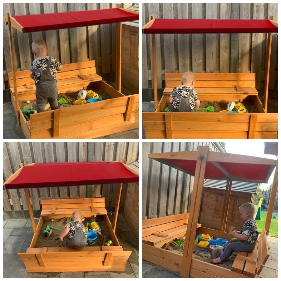 "Geïmpregneerde zandbak 120x120 met afsluitbaar rood dak, banken en dekzeil, speelplezier voor kinderen."