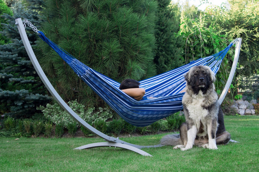 "Luxe 2-persoons hangmat Pereira 320*160 in blauw, voor ultieme ontspanning."