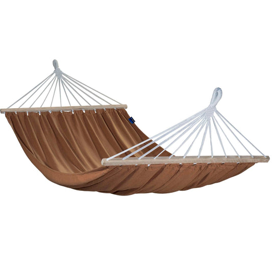 "Luxe 2-persoons hangmat in caramel met spreidstok voor optimaal comfort."