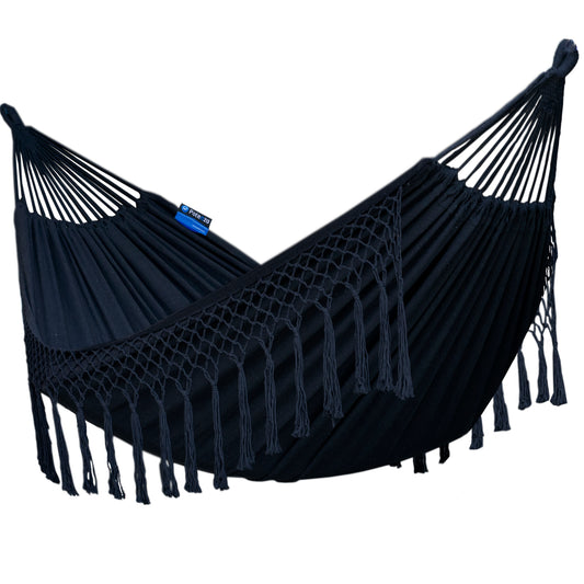 "Luxe 2-persoons hangmat met franje in zwart, voor ultieme ontspanning."