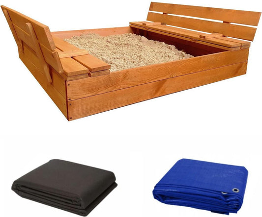 "Houten zandbak 140x140cm met deksel, bankje en geïmpregneerd hout, compleet met dekzeil en gronddoek."