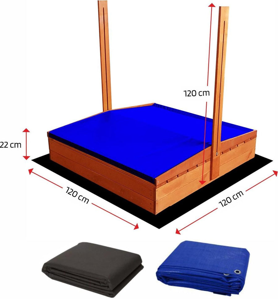 "Houten zandbak met bank en blauw dakje, 120x120, perfecte maat voor uren speelplezier."