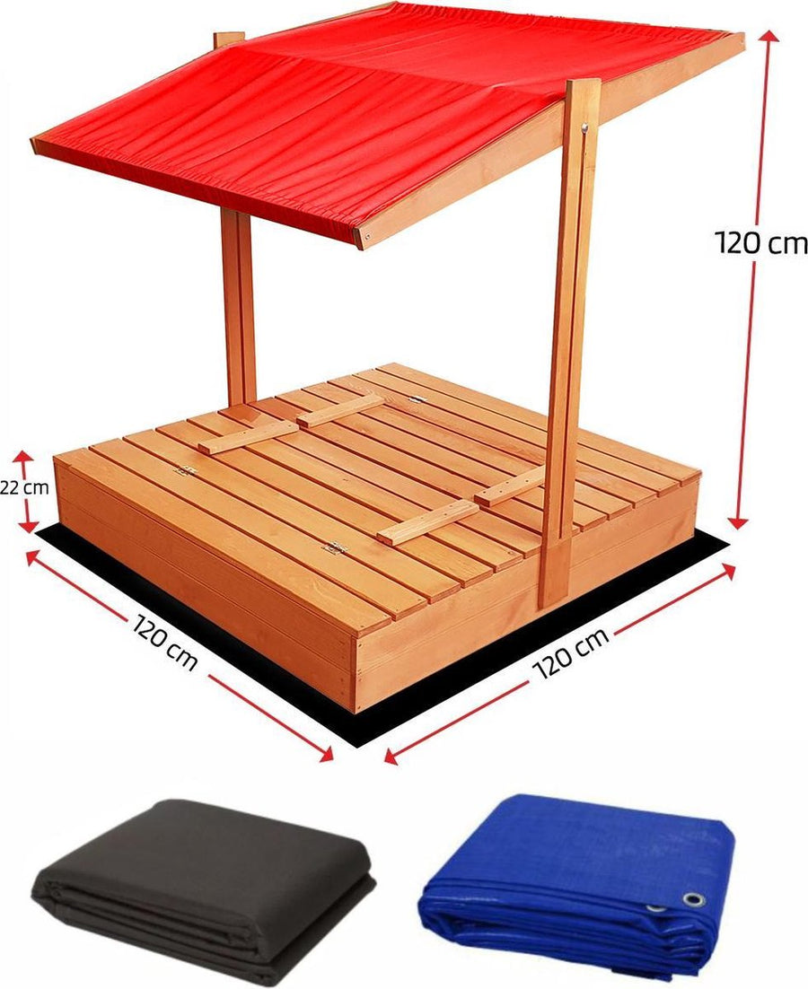 "Houten zandbak met bank en rood dakje, 120x120, perfecte maat voor uren speelplezier."
