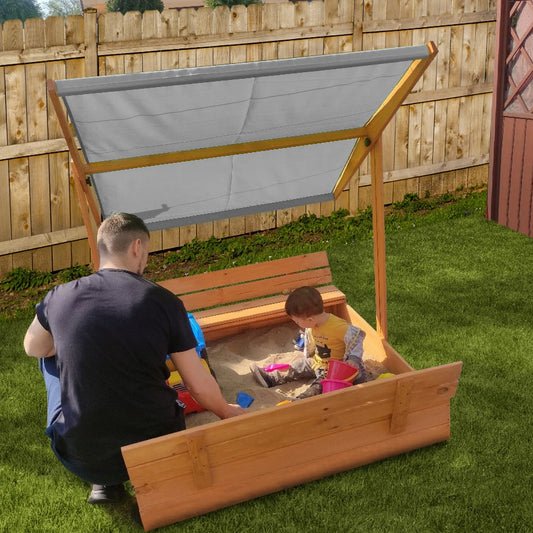 "Houten zandbak 120x120 met bank en grijs dak, 2 opties, inclusief toebehoren voor eindeloos speelplezier."