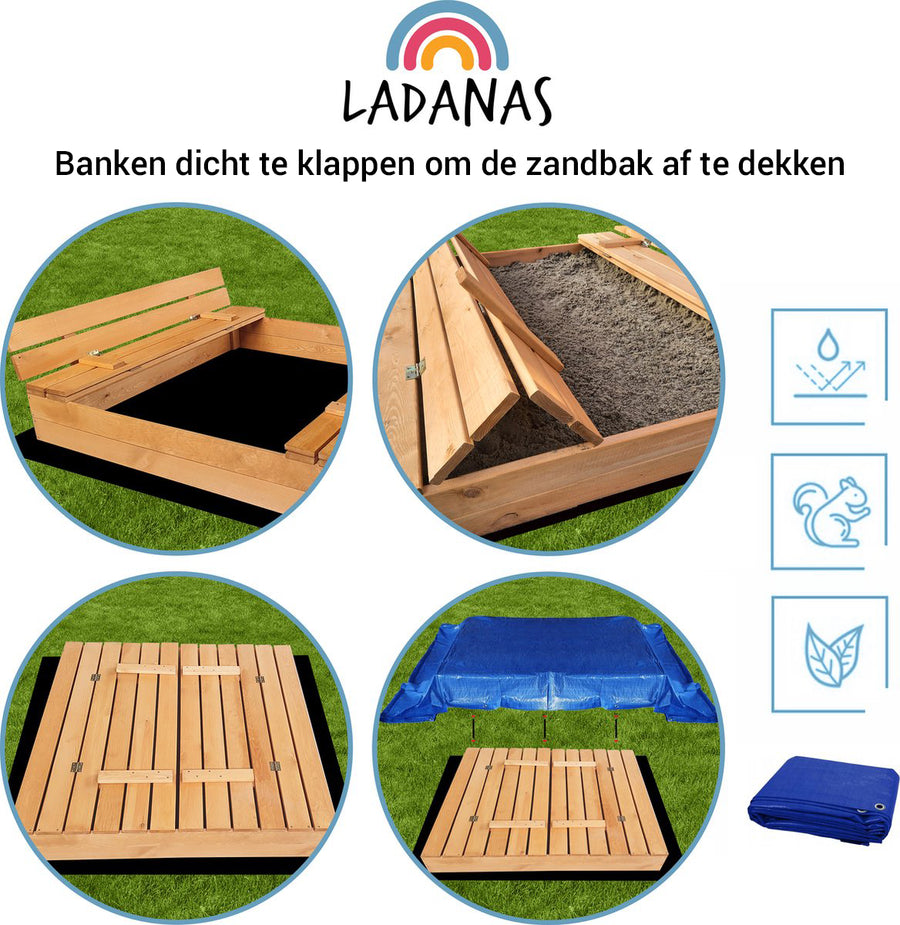 Zandbak met uitklapbare banken 120 cm. | Bruin