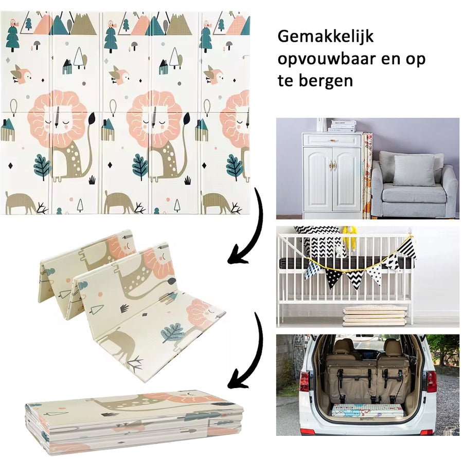 OPVOUWBARE Baby Speelmat - DUBBELZIJDIG Speelkleed incl. opbergtas - 180x200x1cm - Leeuw/Panda