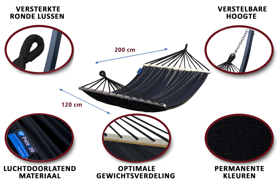 Hangmat, 1persoons: Versterkte ronde lussen, verstelbare hoogte, luchtdoorlatend materiaal voor optimale gewichtsverdeling.