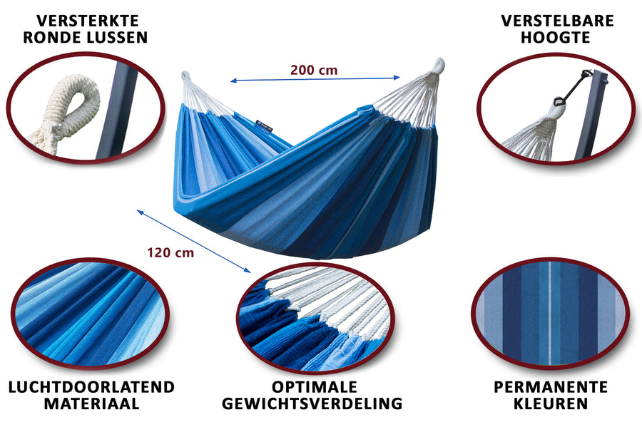 Hangmat, 1persoons: Versterkte ronde lussen, verstelbare hoogte, luchtdoorlatend materiaal voor optimale gewichtsverdeling.