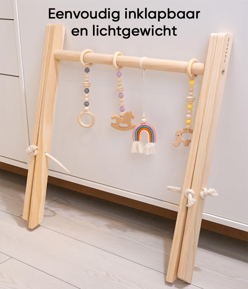 Babygym + Speelmat incl. 5 STIMULERENDE speeltjes – Babygym hout – Stevige & Veilige constructie – vanaf 0+ maand