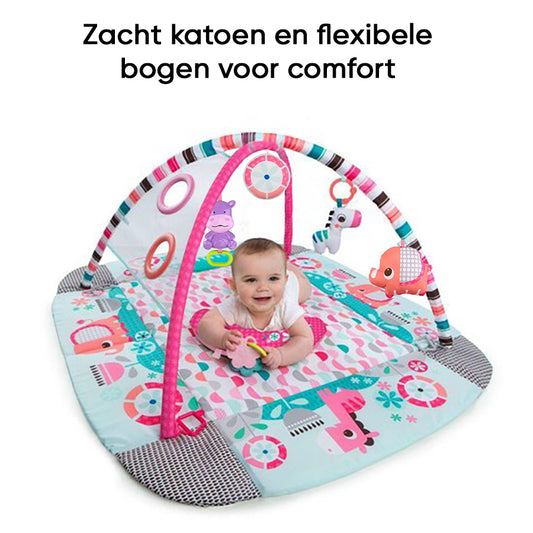 Babygym roze, speelkleed baby met boog, op 5 manieren te gebruiken: box, ballenbak en kleed.
