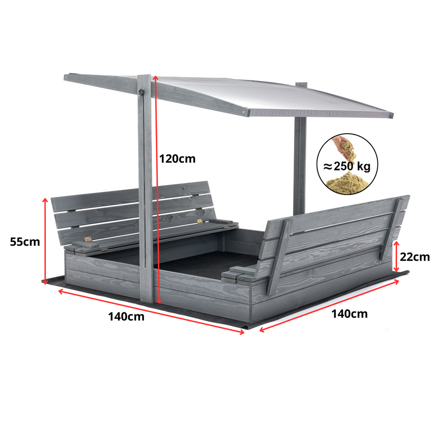 AFSLUITBARE zandbak Grijs met dakje en banken - 140x140cm