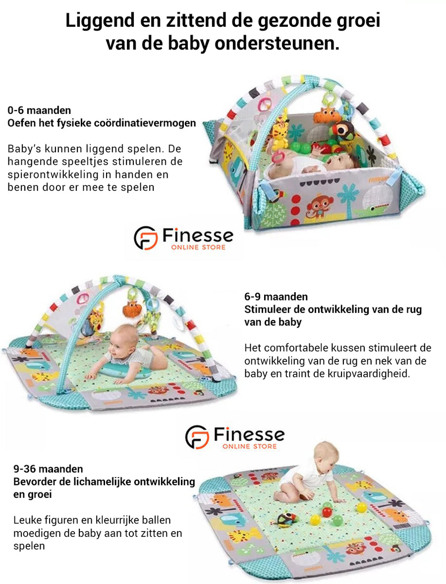 Speelkleed baby 5inN - Ballenbak incl 1 + Buikligtrainer - BABYGYM MET AANPASBARE WANDE30 ballen + 5 speeltjes - Activity gym baby - 0m+