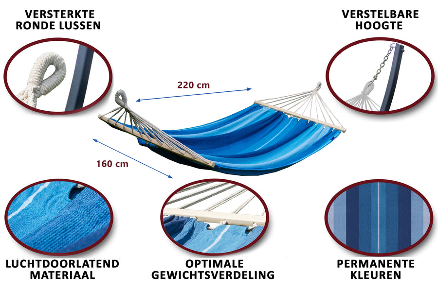 Twee persoons hangmat met verstelbare hoogte, luchtdoorlatende stof en optimale gewichtsverdeling.