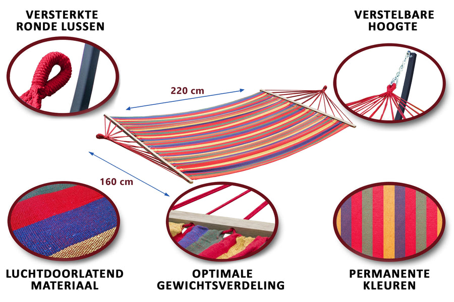 Twee persoons hangmat met verstelbare hoogte, luchtdoorlatende stof en optimale gewichtsverdeling.