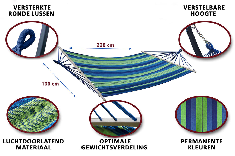 Hangmat, 2persoons: Versterkte ronde lussen, verstelbare hoogte, luchtdoorlatend materiaal voor optimale gewichtsverdeling.