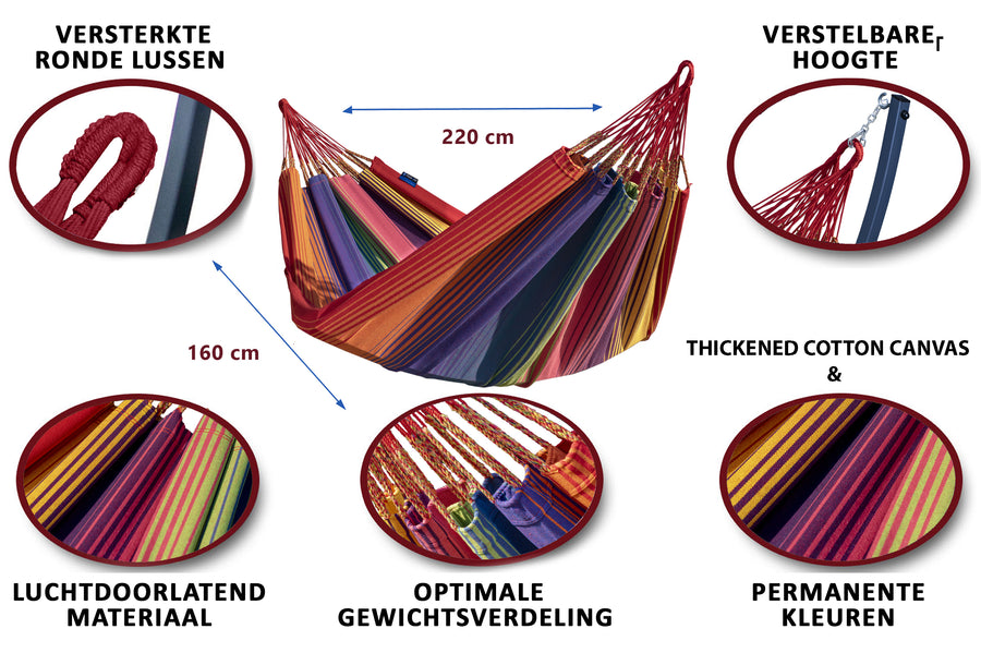 Twee persoons hangmat met verstelbare hoogte, luchtdoorlatende stof en optimale gewichtsverdeling.