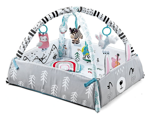 Speelkleed voor baby's met boog, in grijze kleur met konijnmotief, inclusief speeltjes en kussen.
