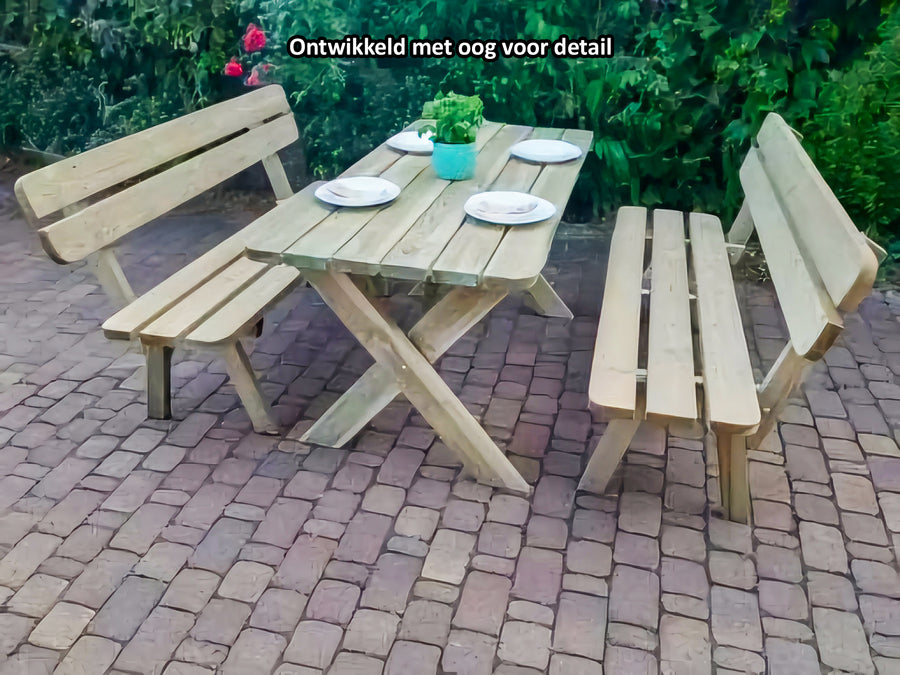 Houten Tuinset Premium – Geïmpregneerde Tuintafel 120 cm + 2 Tuinbanken 120 cm - Andy