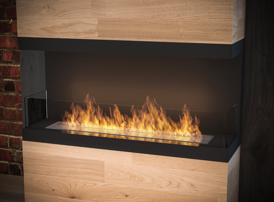 Infire C1000 V2: Zwarte sfeerhaard met opvallend gele vlammen, pure elegantie.  